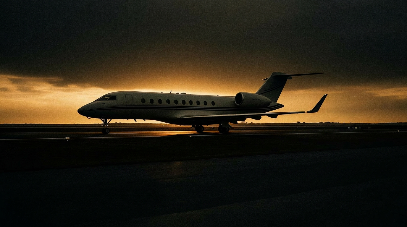 Jet privé et yacht au coucher du soleil